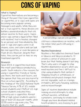 The Cons of Vaping Non-Fiction Article | Distance Learning