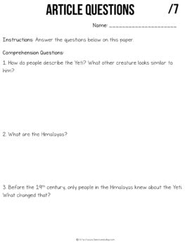 The Yeti Non-Fiction Article | Distance Learning