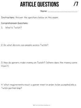 Twitch.TV Video Game Streaming Non-Fiction Article | Distance Learning