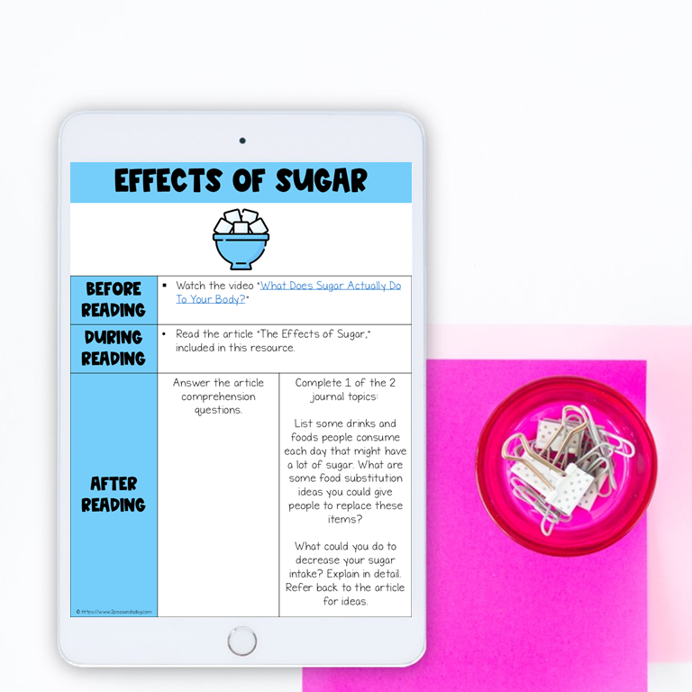 Middle School ELA Sub Plans - Topic Effects of Sugar