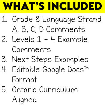 Ontario Report Card Comments Grade 8 Language Editable