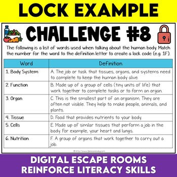 Human Body Digital Escape Room, Human Body Systems 5th Grade