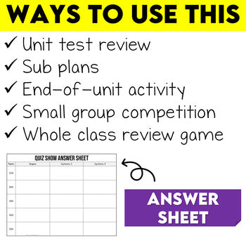 Human Body Quiz Show Game, Human Body Systems 5th Grade
