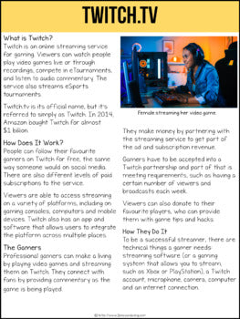 Twitch.TV Video Game Streaming Non-Fiction Article | Distance Learning